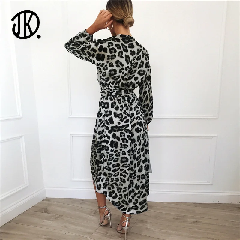 

Sexy Leopard Print Dress Female Long-sleeved Elegant Chiffon Dress Large Size Irregular Dresses V Neck Tunic Clothing For Ladies