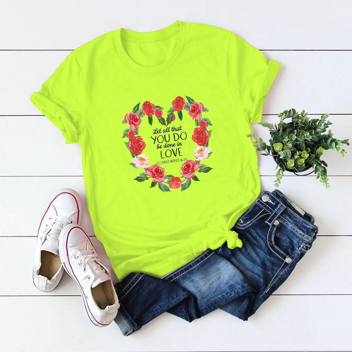 

JFUNCY Flowers Heart Print 100% Cotton Summer T Shirt Women Short Sleeve T-shirt Female Tees Plus Size Casual Camiseta Mujer Top