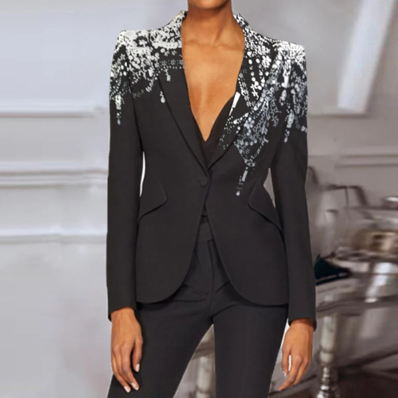 

OL Style Lady Blazer Women Printed Long Sleeve Suit Blazers 2021 VONDA Sexy Lapel Collar Pleated Button Up Jackets Femininas
