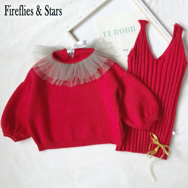 Весенне-осенний Детский свитер + вязаное платье комплект из 2 предметов для