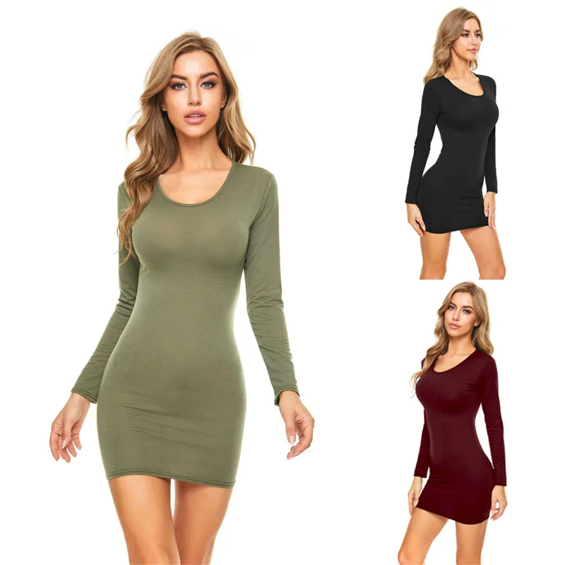 

Женское модное осеннее простое платье-карандаш с длинным рукавом, черное, зеленое, красное платье с круглым вырезом
