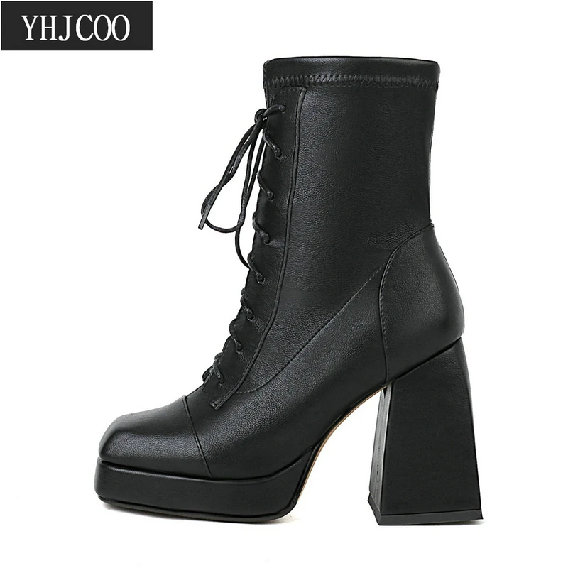 

2021 New Black Ankle Boots Women Fashion Comfort Square High Heels Lace Up Platform Shoes Woman's Autumn Winter Martin Boots 46