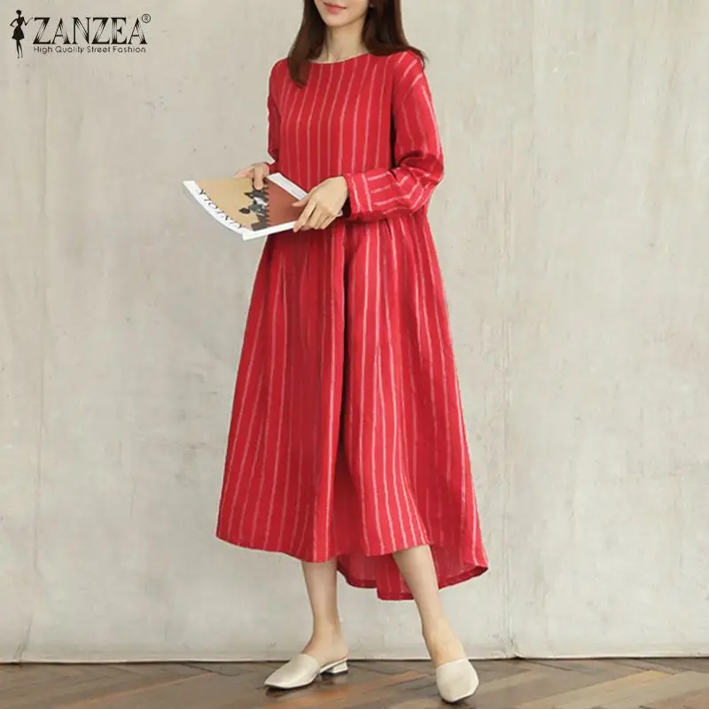 

Винтажный сарафан в полоску ZANZEA 2022, женское летнее платье миди с длинным рукавом, повседневные Элегантные платья на пуговицах сзади для веч...