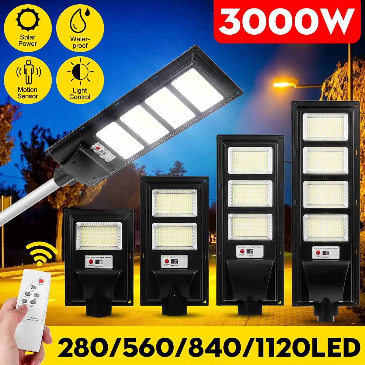 

IP65 Outdoor Street Lamp with Motion Sensor 800W 1500W 2500W 3000W LED Solar Street Light 1120LED Remote Control Street Lighting