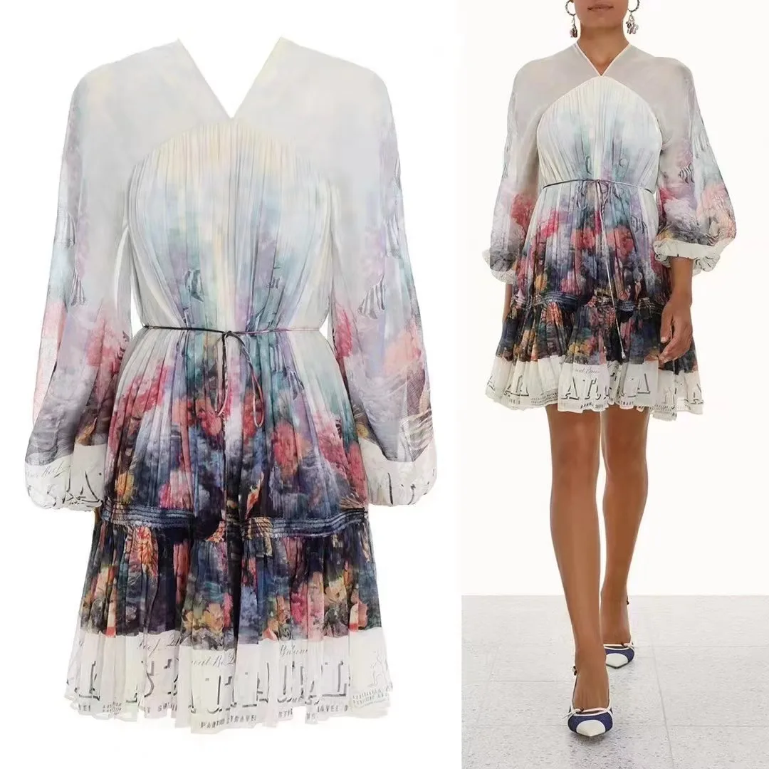 

Women Long Sleeve V-neck Reef Print Elegant Mini Dress