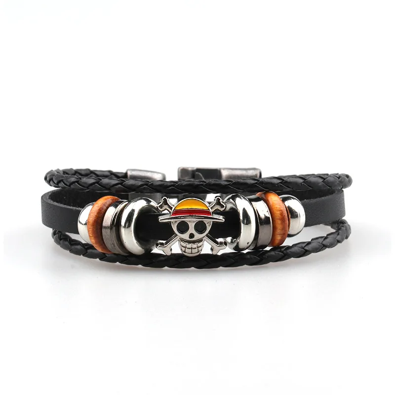 

One Piece Luffy Pirate Bracelet Japan Cartoon Action Figure Toy Punk Black Leather Braided Punk Rock Bangles Bracelet Gifts