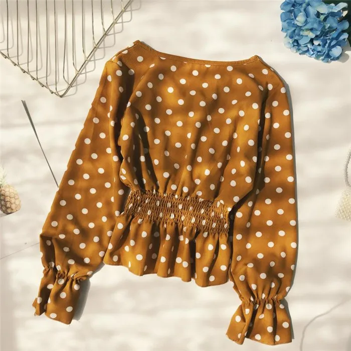 Весна Boho шикарные топы женские корейские элегантные шифоновые блузки с v-образным вырезом и длинным рукавом Розовые/черные рубашки в горошек Женские