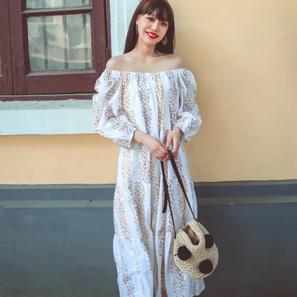 

Women's Dress 2021 Japan Style Spring Summer Korean Fashion Temperament Loose Casual Retro Printing One Shoulder Puff Sleeve