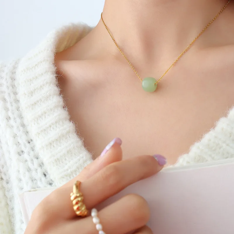 Vintage Green Stone Pendant Necklace Women Neck Chain Jewelry Gold Color Stainless Steel Necklaces Woman Bracelet Accessories | Украшения и