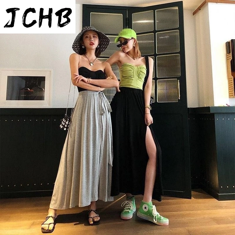 

2021 Elastic Waist Straple Summer Clothes for Women Maxi Skirt Womens Clothes New Solid Preppy Students Loose Plus Skirt