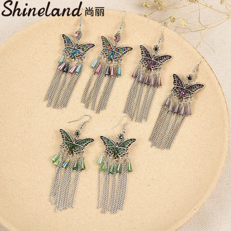 

Shineland Bohemian Butterfly Long Tassel Drop Earrings For Women Girl Colorful Crystal Brincos Ethnic Jewelry New Vintage