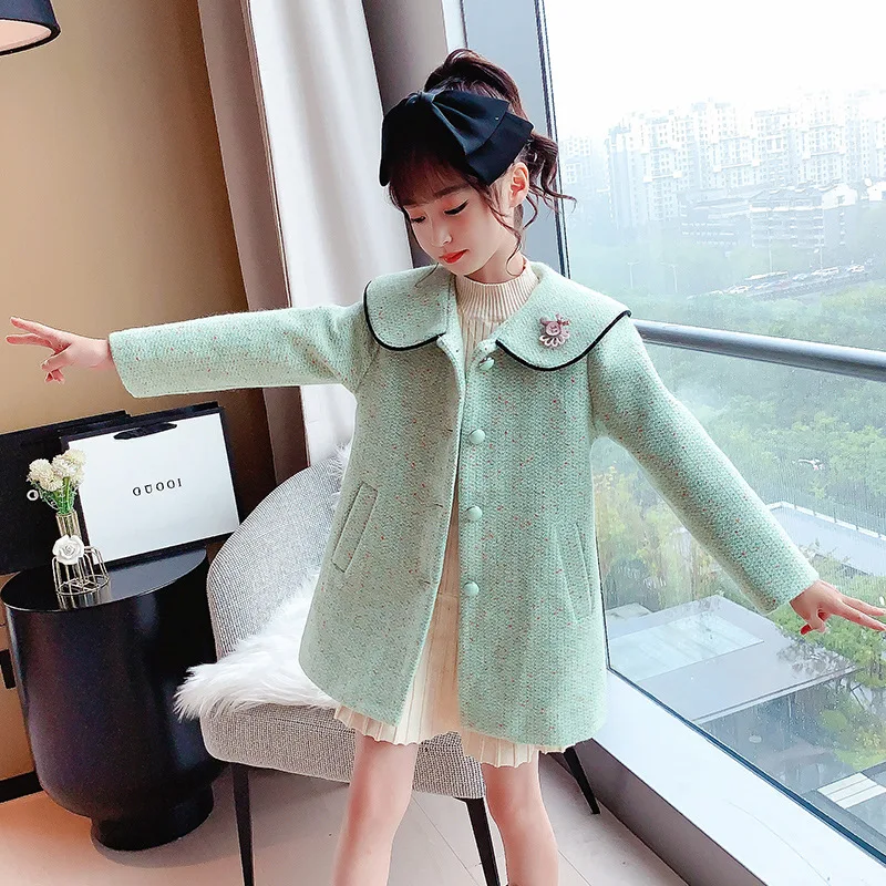 Плотное пальто для девочек однотонная длинная куртка из смесовой шерсти детская