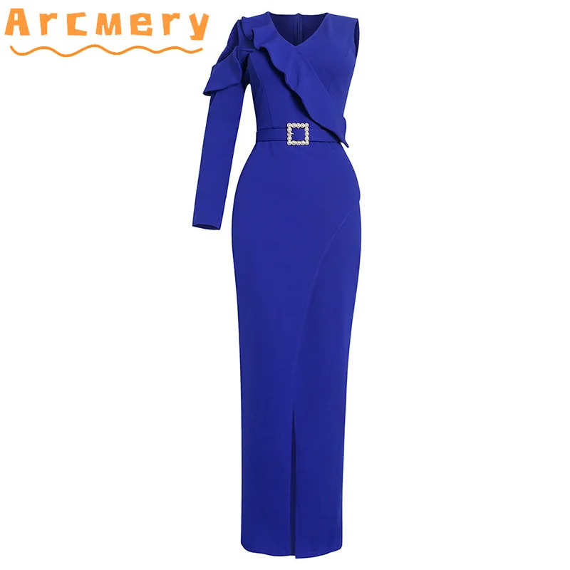 

Women One Shoulder V-neck Ruffle Design Elegant Office Lady Maxi Dress