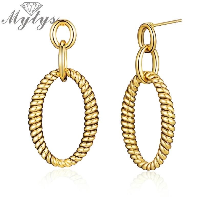 Mytys Twist Circle Round Drop Earrings for Women Trendy Fashion Dangle Gold Color Metal Jewelry CE625 | Украшения и аксессуары