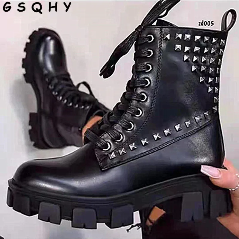

2021new mid-heel low-tube lace-up ankle boots comfortable snow women'sboots Botas De Mujer autumn winterthick-soled Martin boots