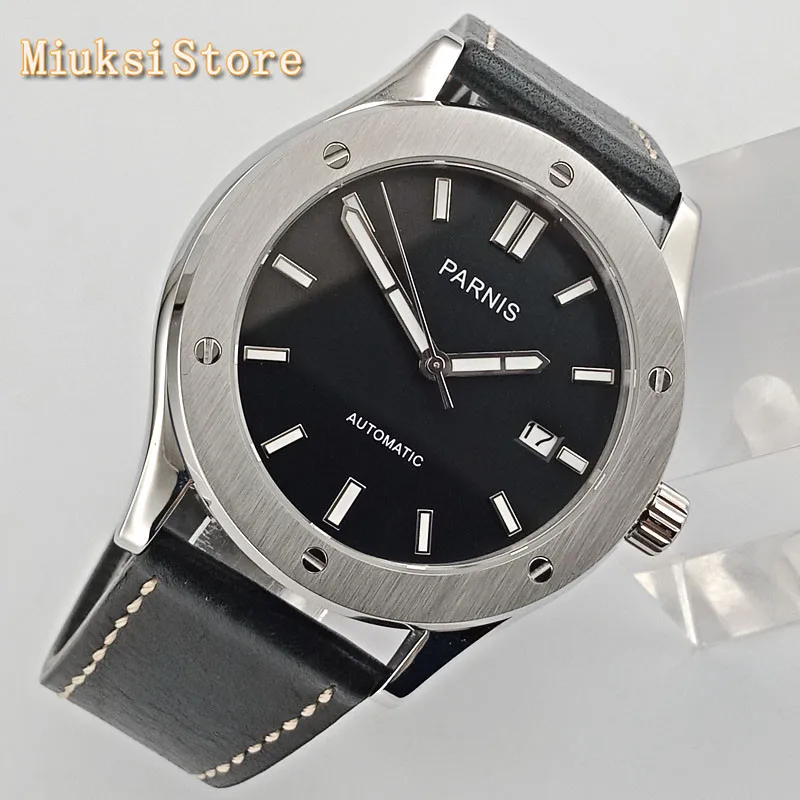 Мужские серебристые часы с сапфировым стеклом и кожаным ремешком | Наручные