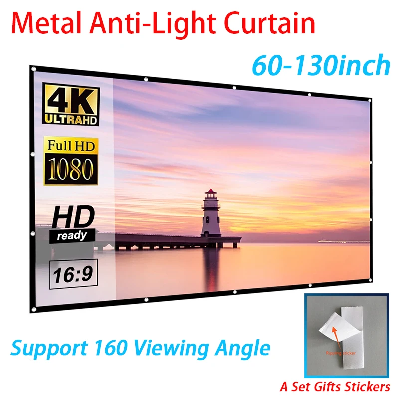 

2021 16:9 Polyester Fiber+Metal Coating Anti Light Curtain 60-130 Inches Home Outdoor Office Portable 3D HD Screen For Projector