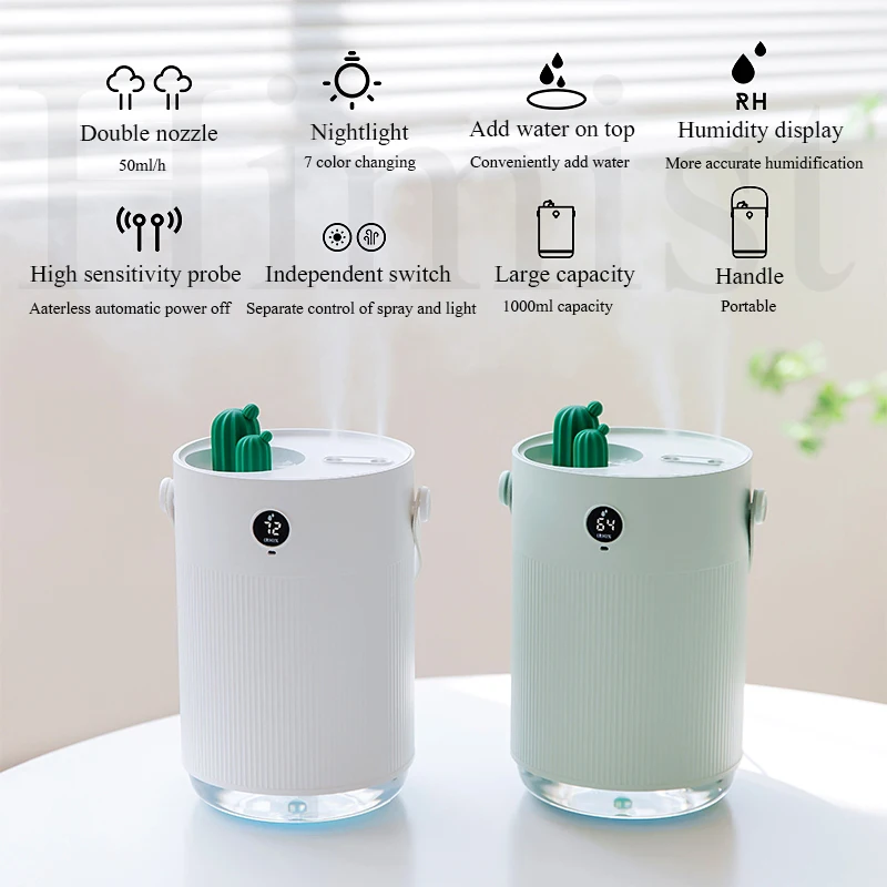

1000ML Air Humidifier Can Detect Humidity Ultrsonic Cool Mist Aroma Diffuser with Colorful LED Light Cactu USB Humidificador