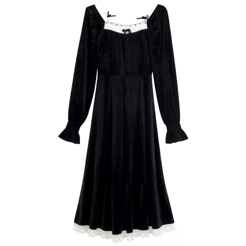 

2021Spring Summer Autumn New Women Sexy Lace Velvet A-Line Dress Long Sleeve Large Size Lovely Square Neck Skirt Bow decoration