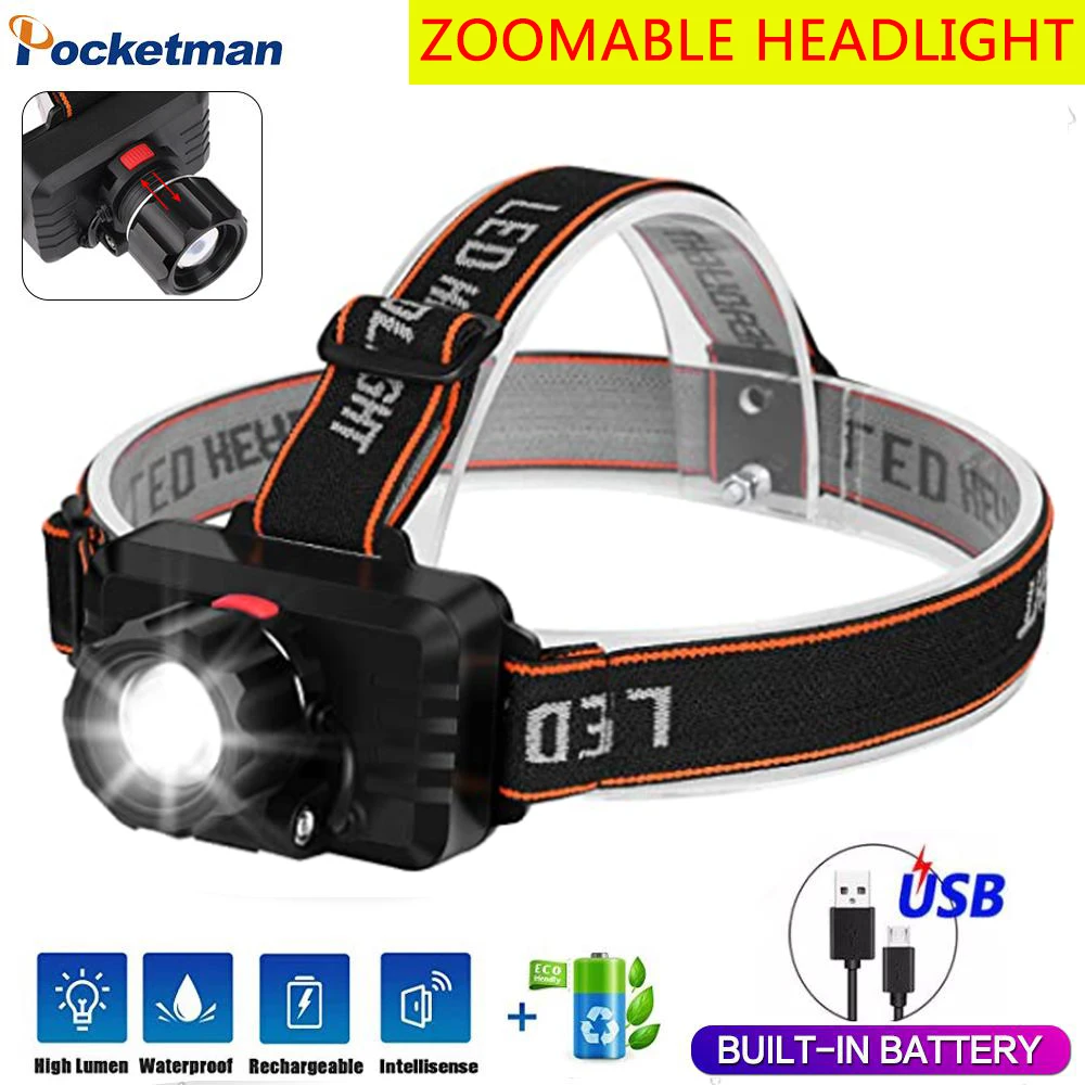 

Мощный Дальний фары USB Перезаряжаемые головной светильник масштабируемой Головной фонарь со встроенным Батарея Водонепроницаемый головко...