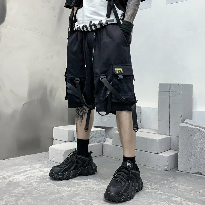 Hip Hop Summer Shorts Men 2022 Black Ribbons Streetwear Bermuda Man Shorts Multi-pocket Punk Casual Knee Length Short Pants Men