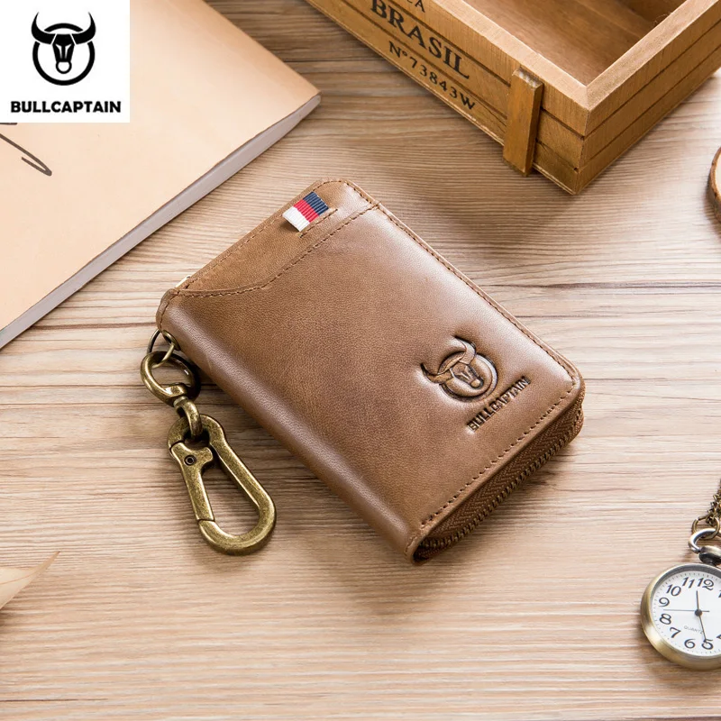 BULLCAPTAIN leather men's key bag casual access control card holder anti-theft brush multi-function first layer cowhide key bag