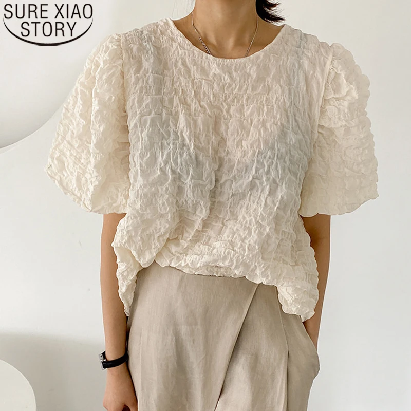 

Summer New Puff Sleeve Simple O-Neck Shirt Short Sleeve Pleated Blouse Women Korean Fashion Loose Casual Tops Blusas Mujer 13752