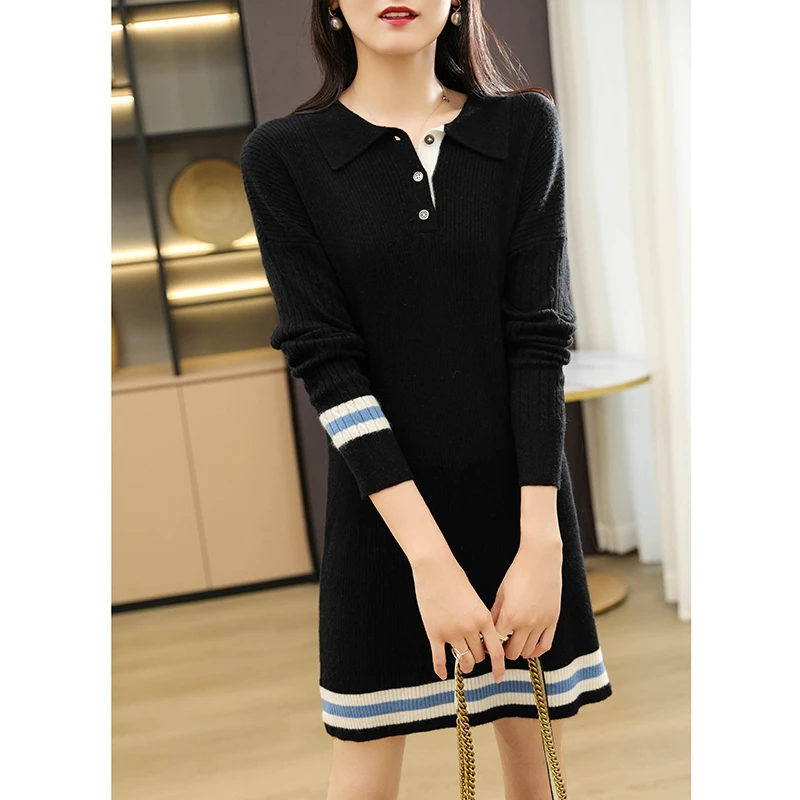 Autumn And Winter New Style Pure Wool Elegant Ladies Slimming Dress Age Reduction POLO Collar Color Matching Knit Short Skirt