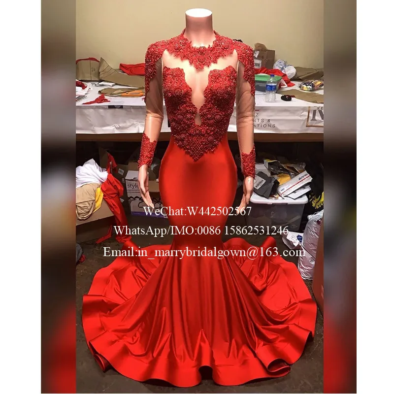 

Luxury Red Plus Size Mermaid Prom Dresses 2K20 Vintage Lace Long Sleeves Sequined Beaded Long Satin 2020 Girls Formal Party Gown