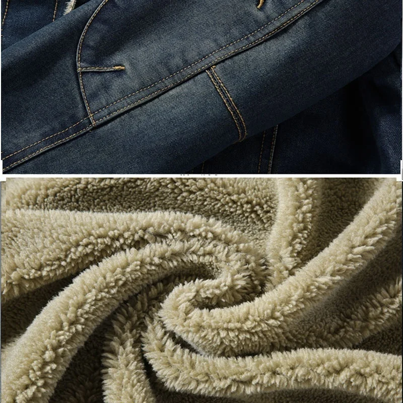 

Winter Warm Fleece Denim Jackets Mens Casual Pilot Bomber Cowboy Jacket Coat Male Wool Liner Fur Thick Jean Outwear Clothing