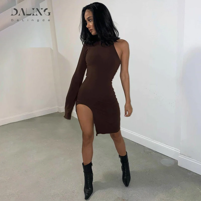 

One Shoulder Long Sleeve Women Bodycon Party Dresses Side Slit Autumn Fashion Sexy Skinny Clubwear Mini Dress Solid Hot 2021 New