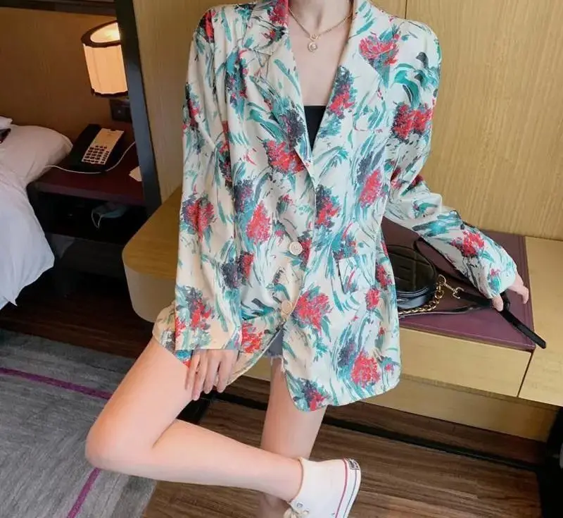 

Блейзер женский весенний универсальный, шикарный яркий мягкий модный однобортный винтажный пиджак с принтом для отдыха в стиле ольччан, бо...