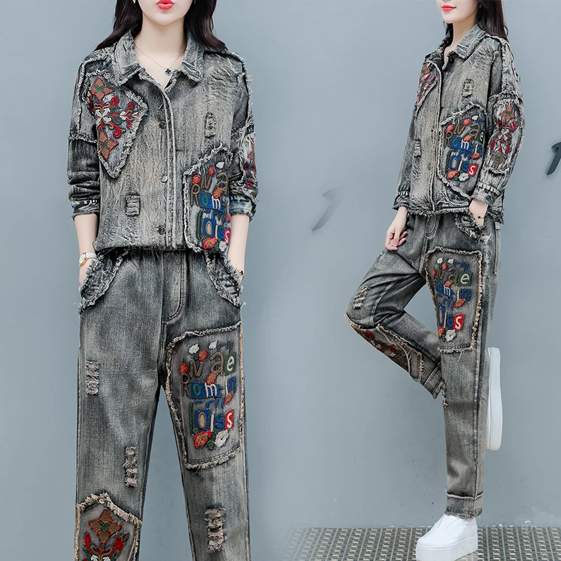 Повседневный Джинсовый комплект Женский 2019 осенний Новый модный пиджак с