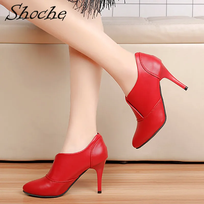 Shoche/ботильоны; женская модная обувь; коллекция года; черные, красные короткие ботинки; женская обувь на высоком каблуке с острым носком; обувь без шнуровки на 8 см; большие размеры