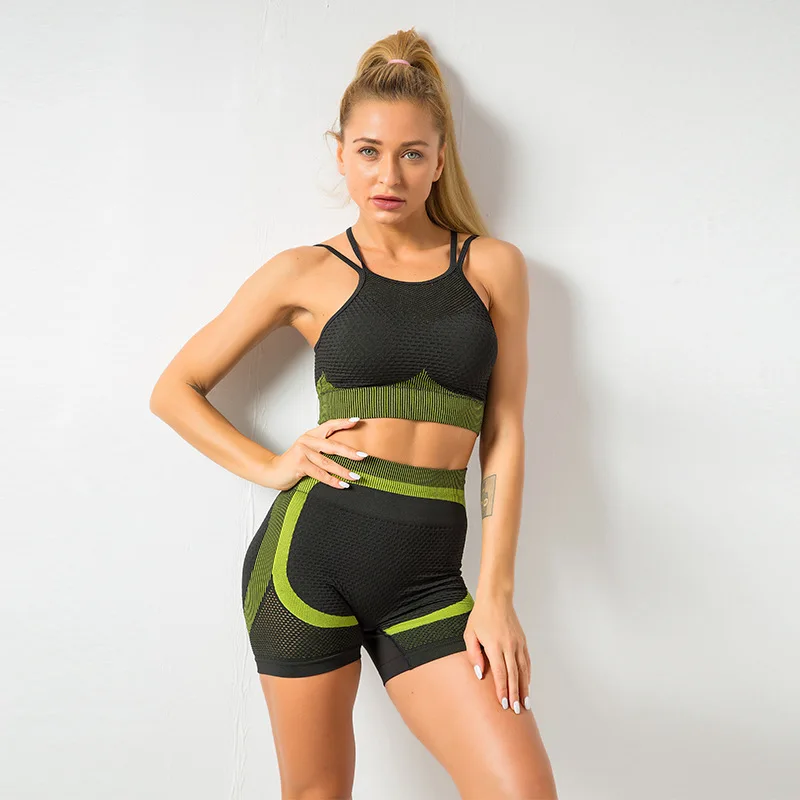 

2021 New Seamless Quick Drying Yoga Vest Shorts Set Sports Bra Running Gym Clothing 2 Piece Set Women