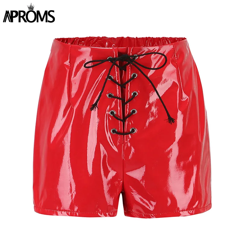 Aproms, элегантные черные, красные шорты из искусственной кожи, Женские сексуальные шорты с высокой талией на шнуровке, обтягивающие летние шорты, винтажные уличные шорты