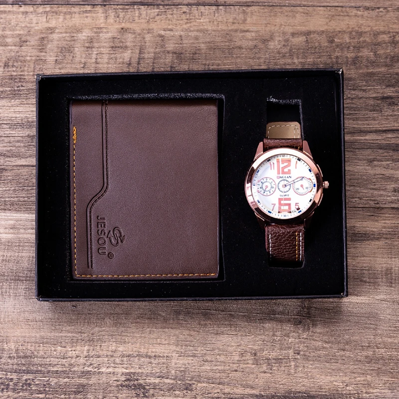 Часы наручные мужские кварцевые с кожаным ремешком складной кожаный кошелек
