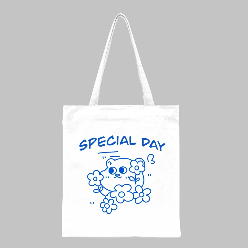 

Special Day Little Bear Bath Printed Women Canvas Tote Bag Eco Shopping Bag Large Capacity Shoulder Female Foldable Beach Bag