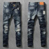 italian style fashion men jeans retro dark blue slim fit ripped jeans for men vintage designer patches cotton denim long pants