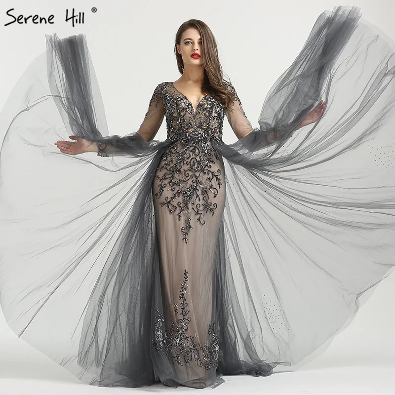 Serene Hill Elegant Sexy V-Neck Long Sleeves Evening Dress Mermaid With Train Formal Party Gown Multiple Color CLA6571