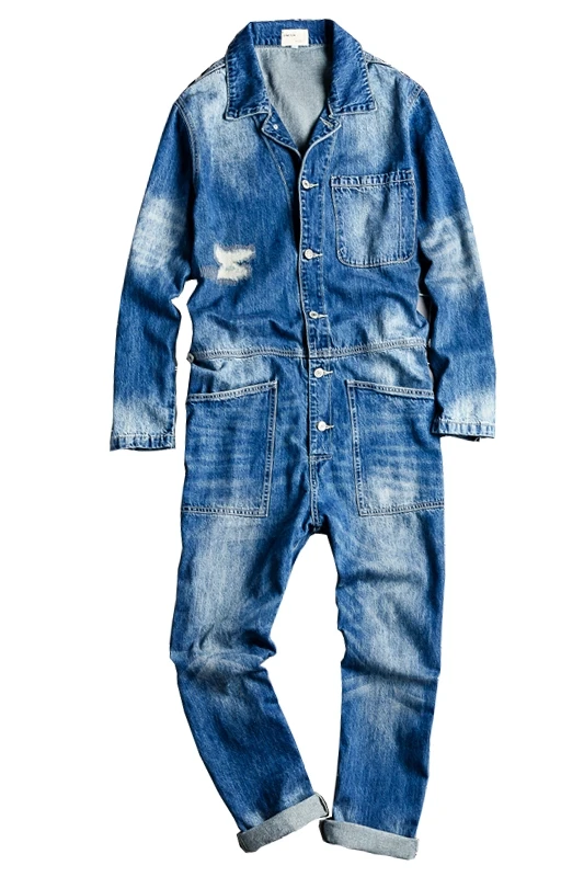 

Men's long-sleeved jumpsuit patchwork jeans youth hip-hop loose overalls