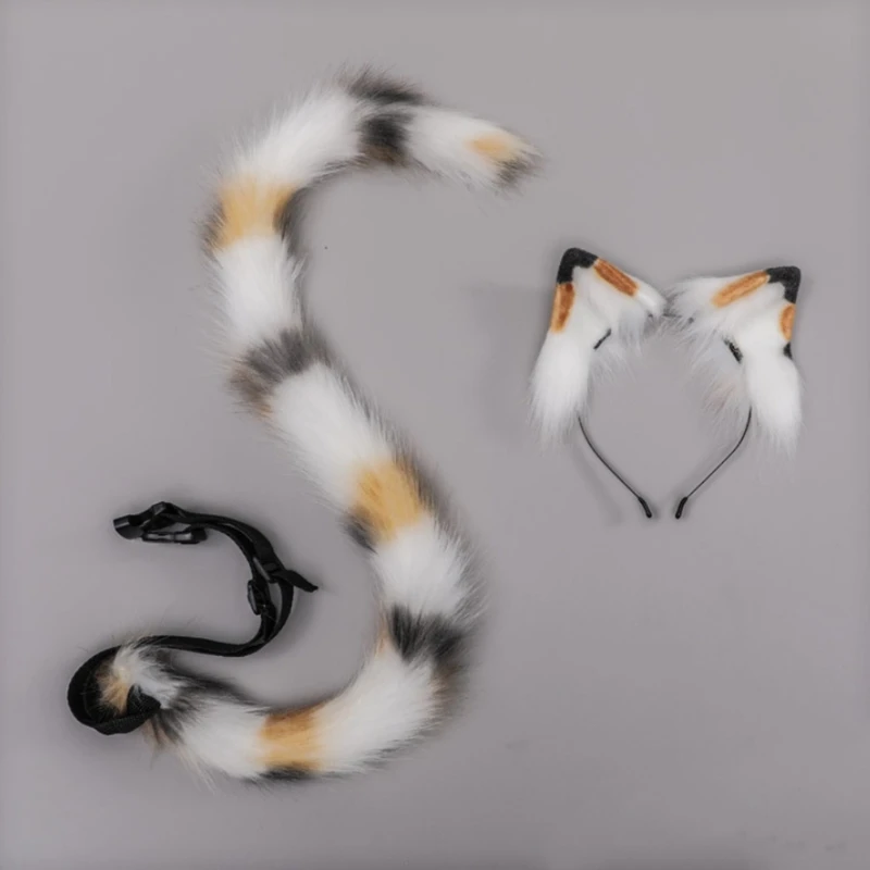 

Girls Cat Ears Tail Set Plush Hair Hoop Cow Pattern Lolita Lovely Party Headdress Anime Cosplay Party Kawaii Accessorie