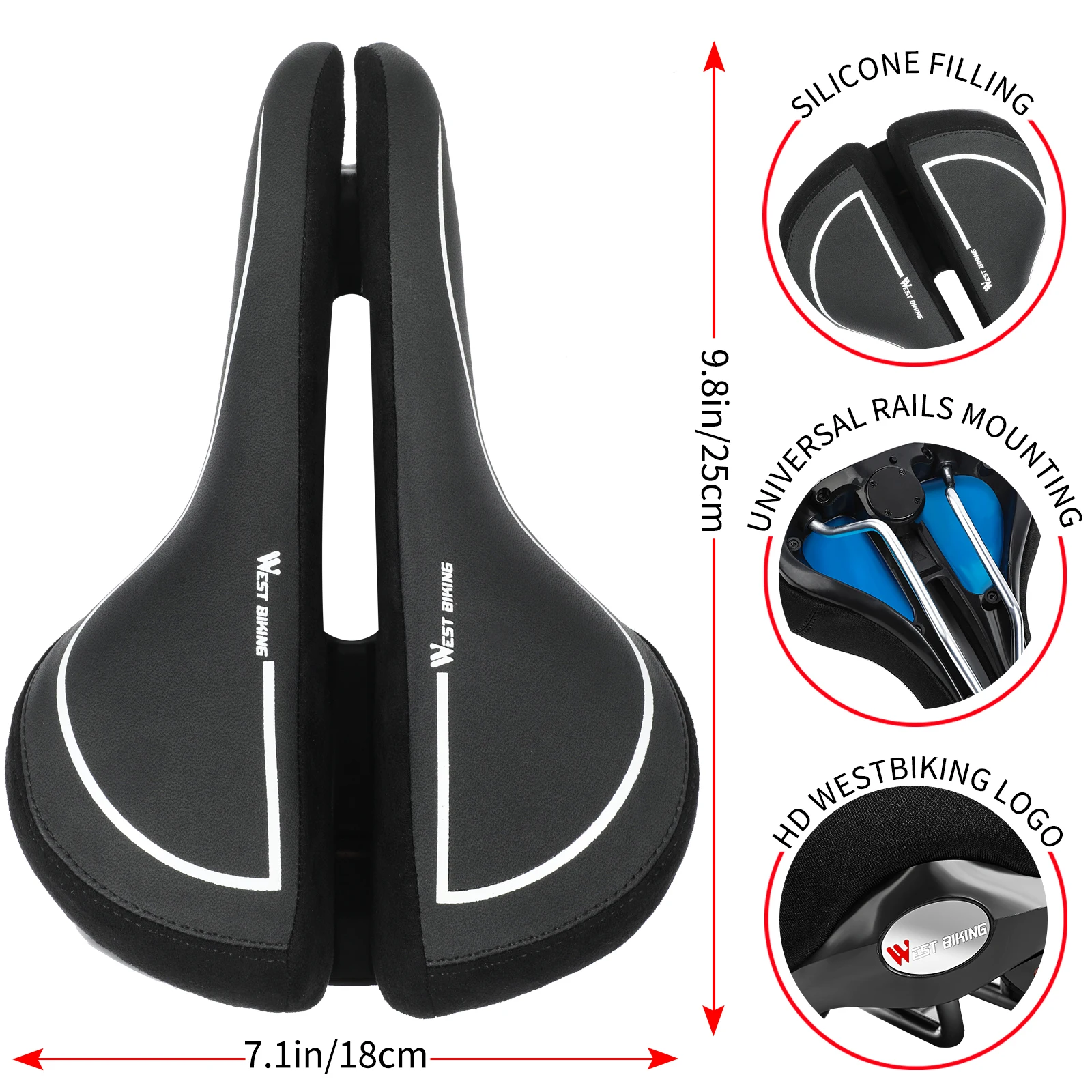 

WEST BIKING Mountain Bike Saddle With Taillight Cycling Sofe Open Style Cushion Wide Skidproof Bicycle Front Seat Matt With Lamp