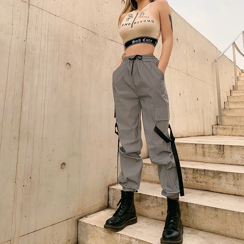 

String High Waist Side Ribbon Belt Pocket Solid Gray Cargo Jogger Reflective Track Pants Women Streetwear Harajuku Workout