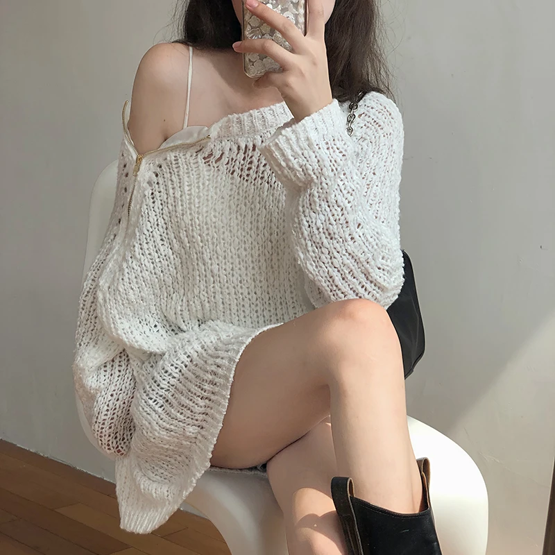 

Sexy Hollow Pullover Loose Strapless Zipper Wool Sweater Women's Autumn 2021 New Korean Style Top
