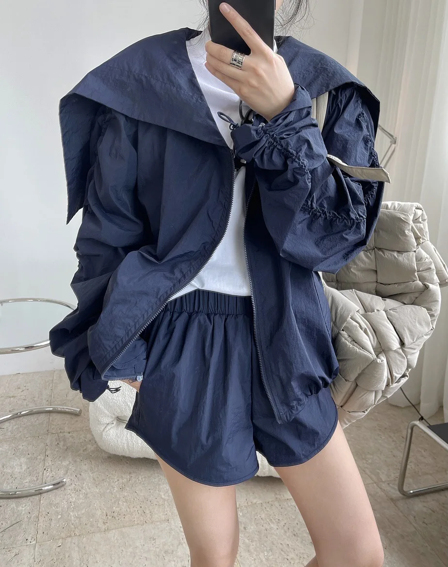 

2021 Spring Autumn New Womens Casual Navy Collar Pleated Long-sleeved Short Jacket Loose Zipper Turn-down Collar Solid Jackets
