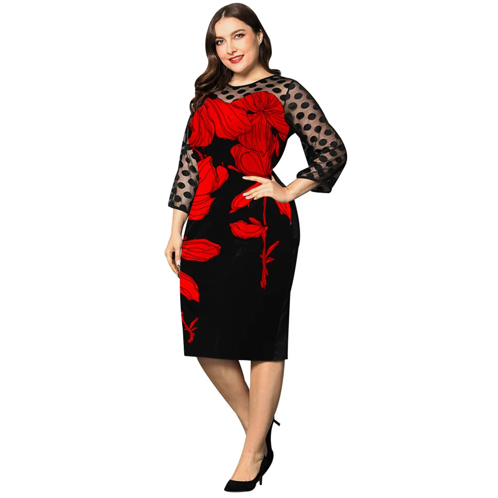 

Spring and Autumn New High Quality Splicing Lace Print Fashion Sexy Large Size Ladies Dress