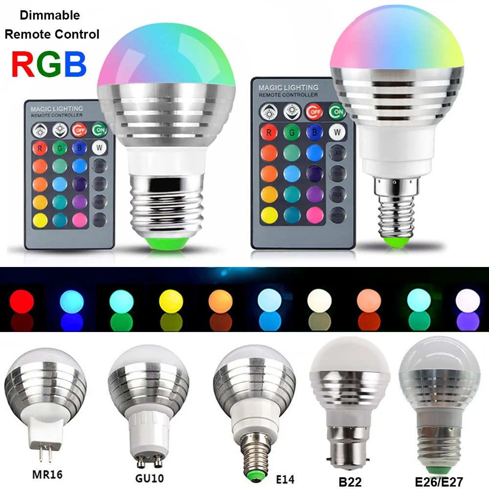 RGB светодиодный ная лампочка E14 E27 B22 GU10 MR16 3 Вт светодиодная с изменяемой