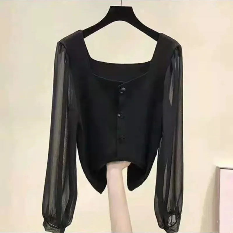 

Ladies Square Neck Knitwear Tops Women's Autumn Chiffon Long Sleeve Patchwork Cardigan All-Match Single-Breasted Knitted Sweater