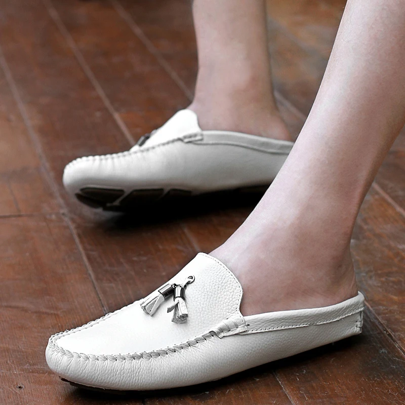 Мужские слиперы из натуральной кожи Летние мокасины с кисточками